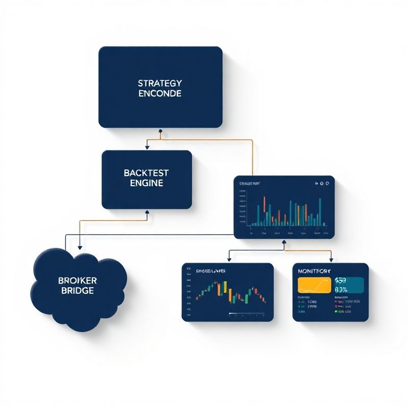 Pipeline diagram of five Zenqoras modules: strategy encoder, backtesting engine, risk-control layer, broker bridge, and monitoring dashboard