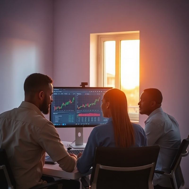 A small Zenqoras team working around a trading dashboard in an indigo-lit Kisumu office